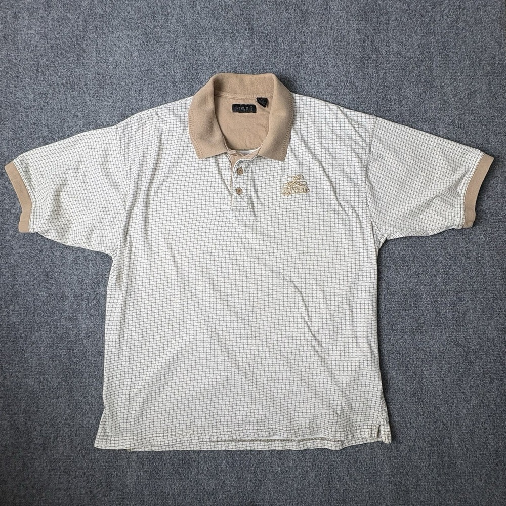 Vintage Stylo Golf Polo Shirt Mens 2XL Beige Tan Grid Las Vegas 100% Cotton